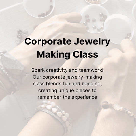 Employees participating in a corporate jewelry making class, designing custom bracelets as a team building activity in NYC
