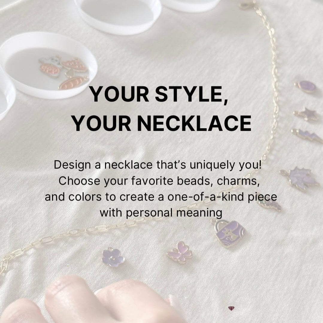 Promotional image for DIY necklace making class showing floral beads and message "Your Style, Your Necklace