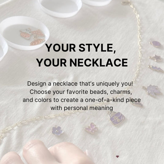 Promotional image for DIY necklace making class showing floral beads and message "Your Style, Your Necklace