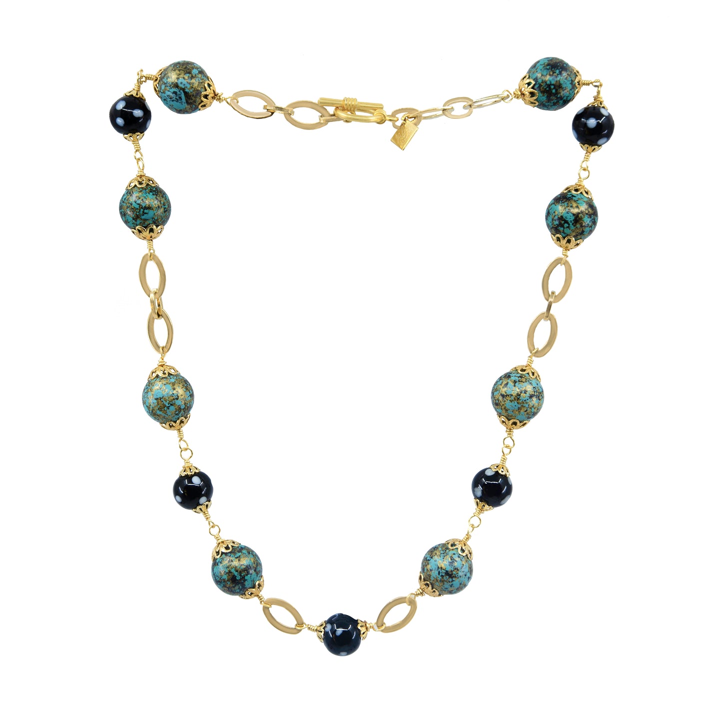 Front view of Alcidia Necklace with gold chain, turquoise and black Conta Di Ojo beads, handcrafted by Alzerina