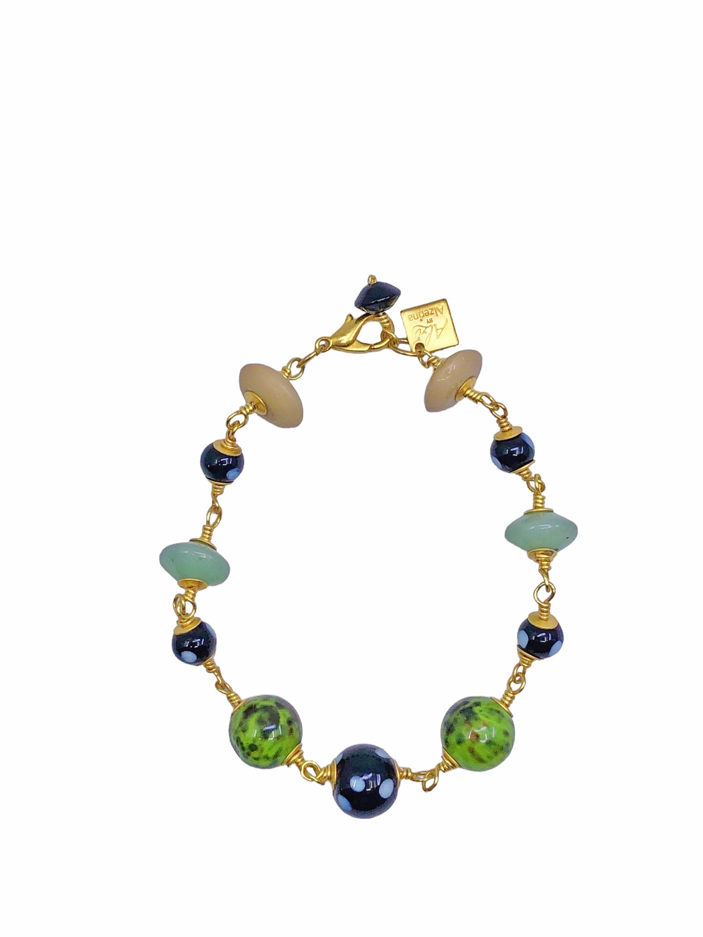 evil eye, green bead, gold chain, bracelet