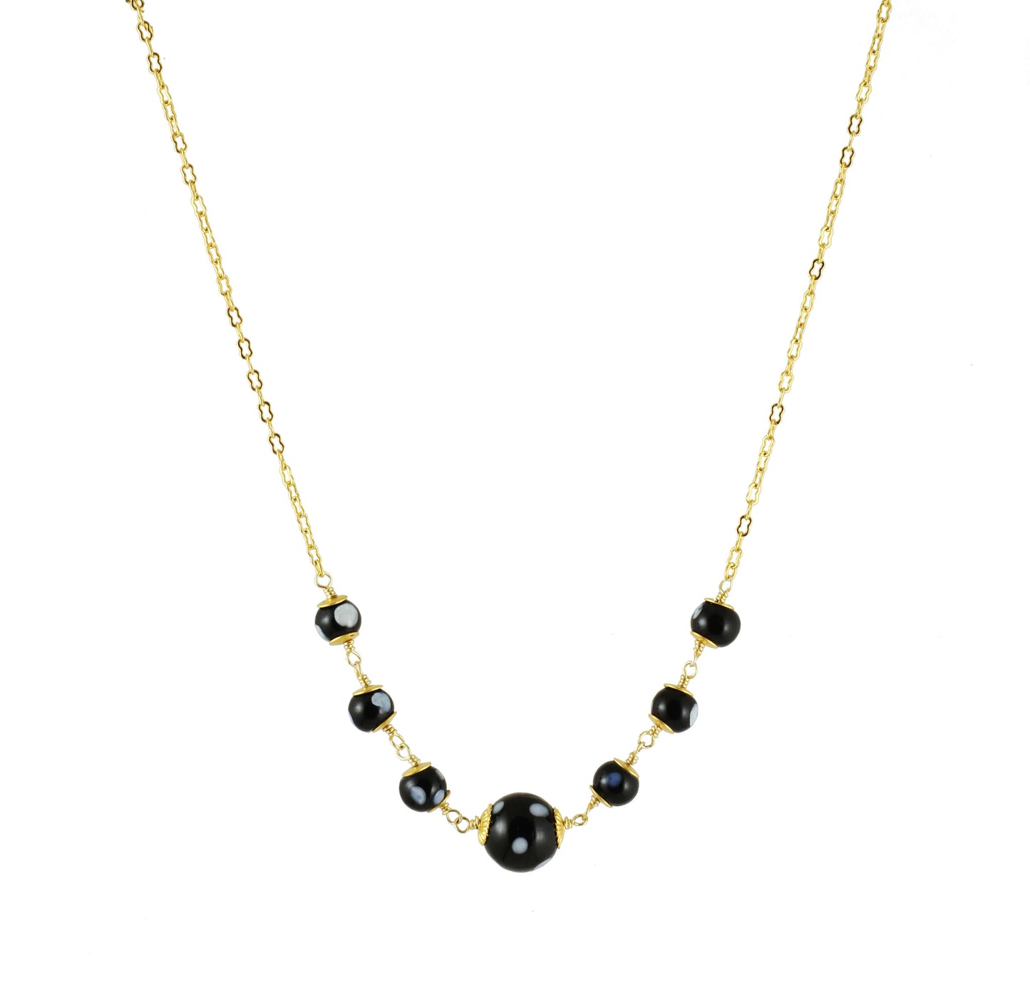 Front view of gold-plated Maninha necklace with Conta Di Ojo (evil eye) beads, handmade in NYC