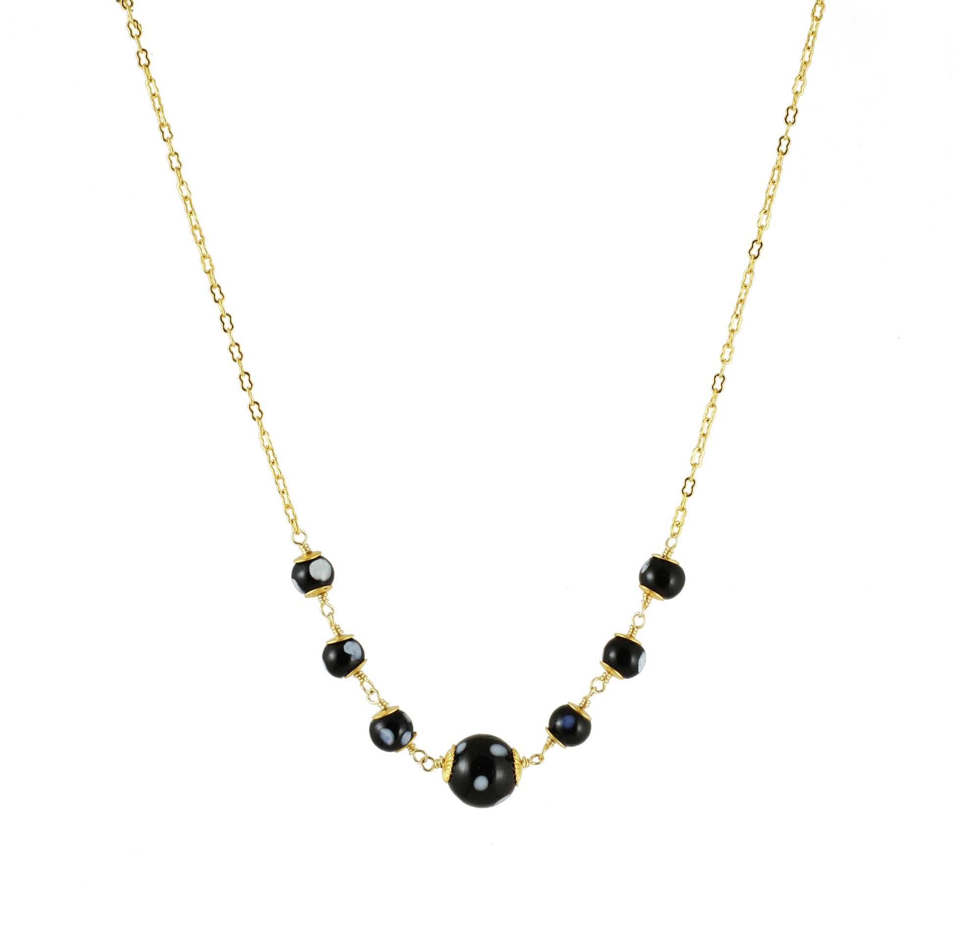 Front view of gold-plated Maninha necklace with Conta Di Ojo (evil eye) beads, handmade in NYC