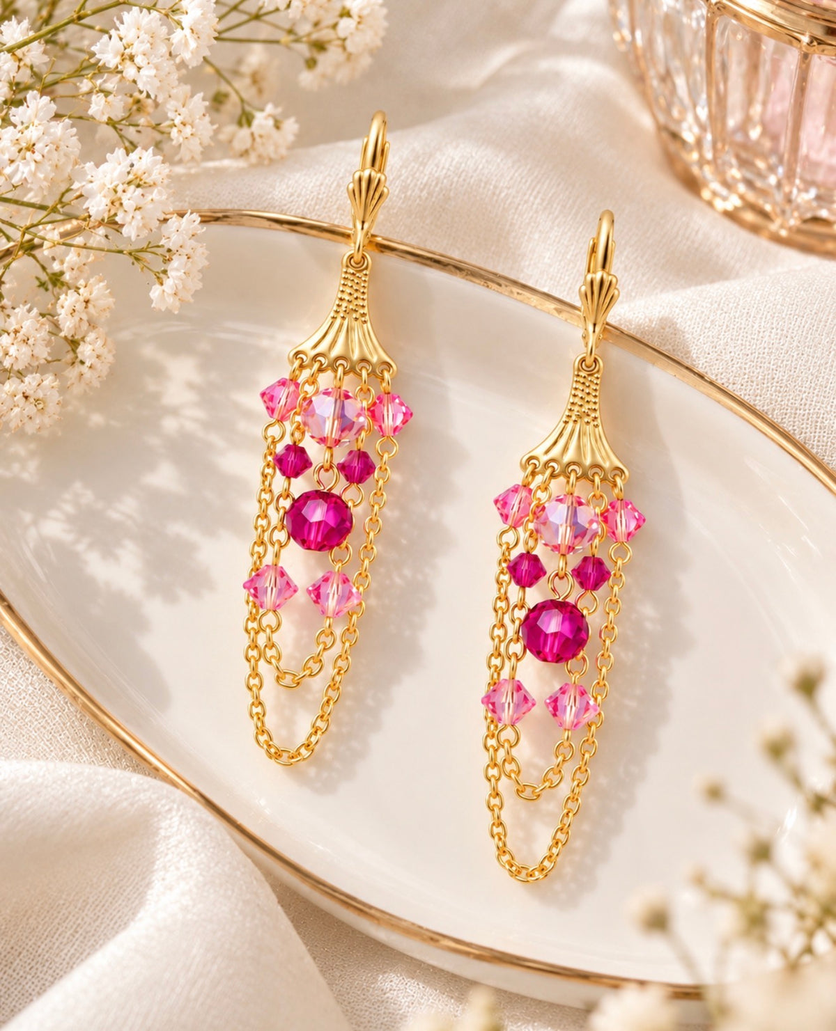 Prague Earrings – Pink Crystal Gold Chandelier Dangle Earrings