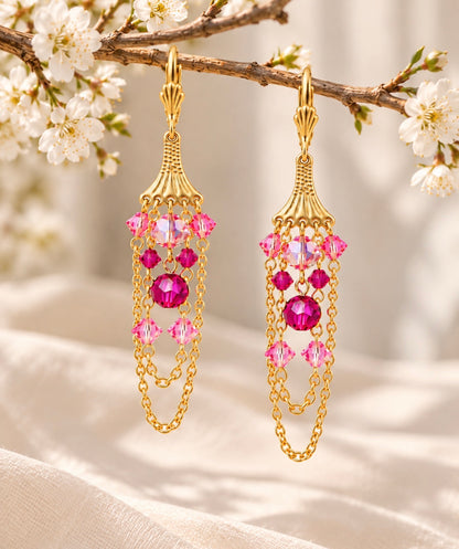 Prague Earrings – Pink Crystal Gold Chandelier Dangle Earrings