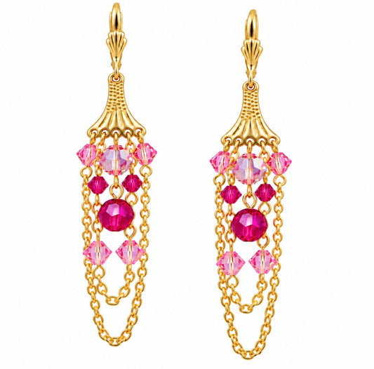 Prague Earrings – Pink Crystal Gold Chandelier Dangle Earrings