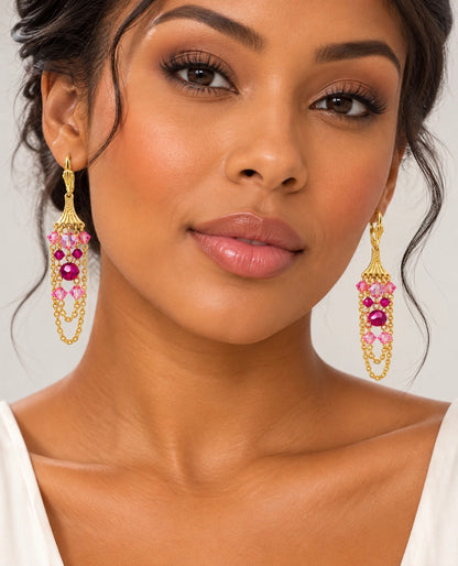 Prague Earrings – Pink Crystal Gold Chandelier Dangle Earrings