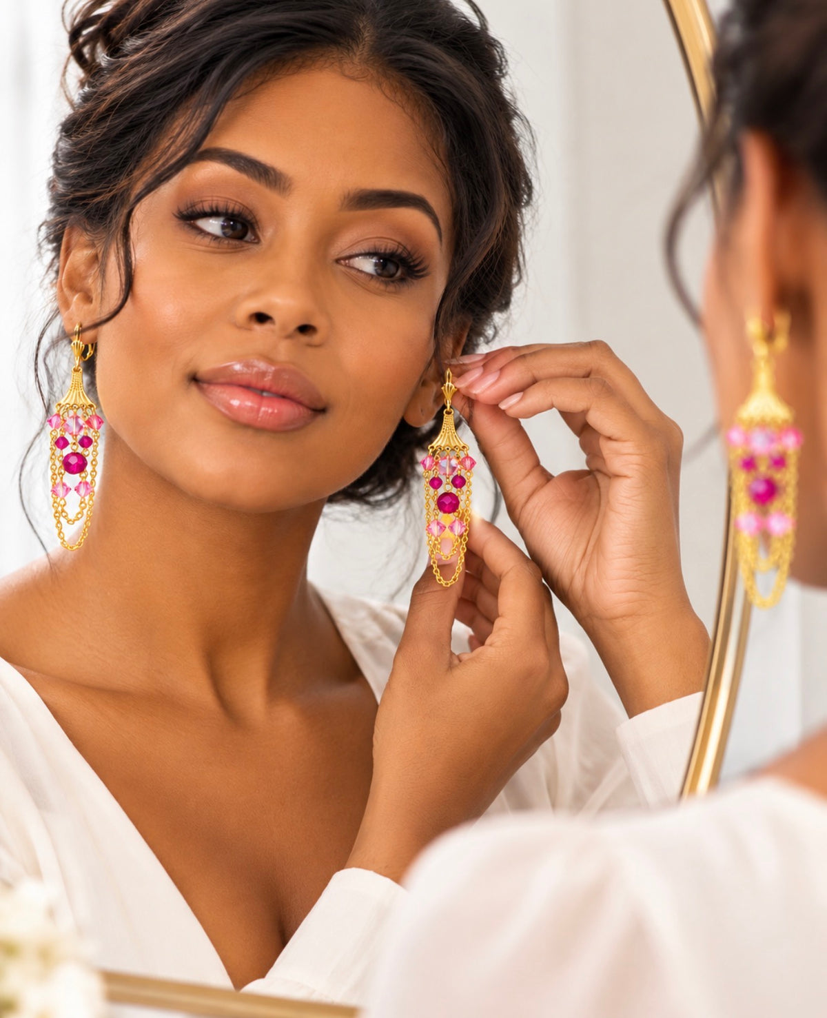 Prague Earrings – Pink Crystal Gold Chandelier Dangle Earrings