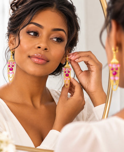 Prague Earrings – Pink Crystal Gold Chandelier Dangle Earrings