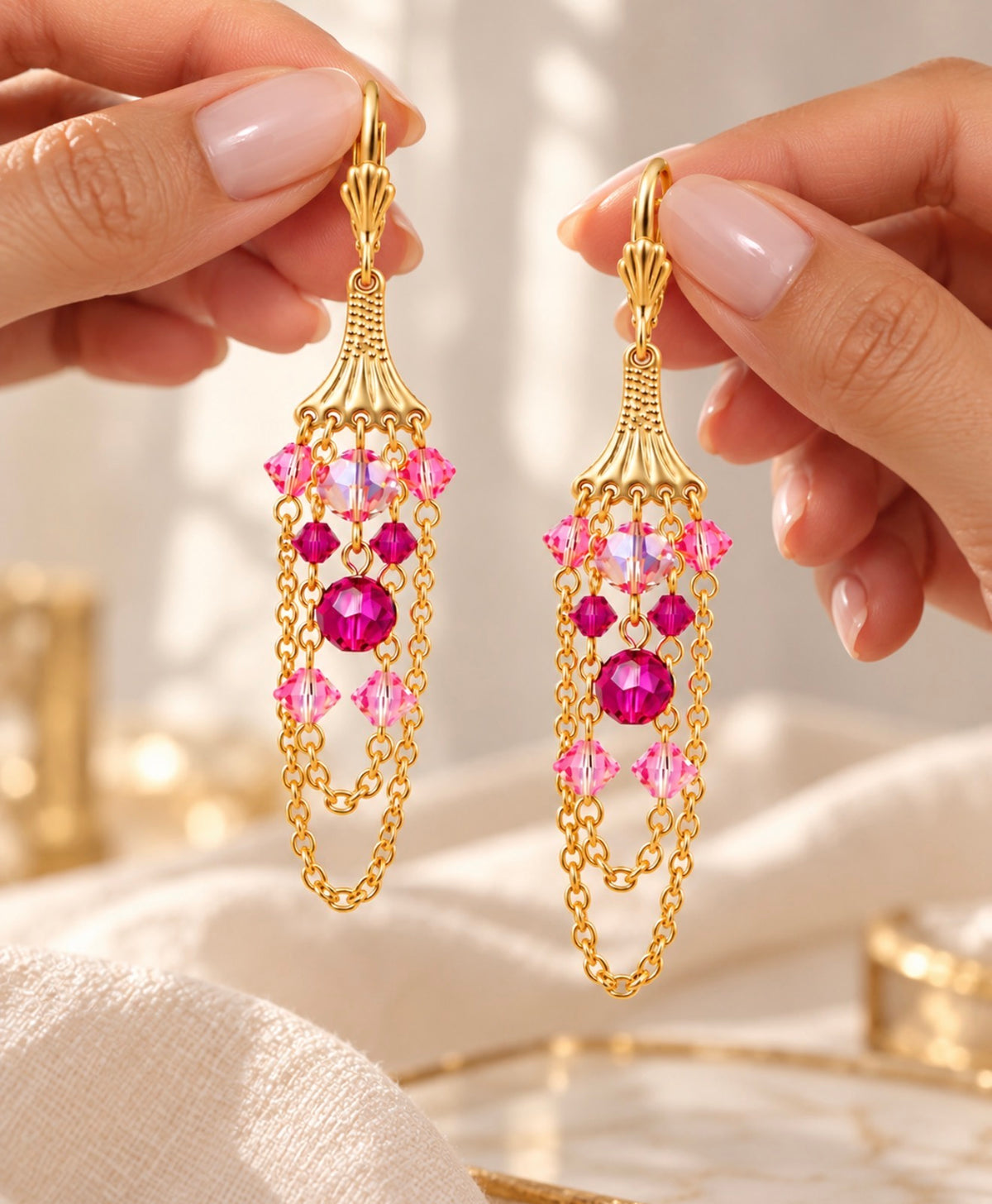Prague Earrings – Pink Crystal Gold Chandelier Dangle Earrings