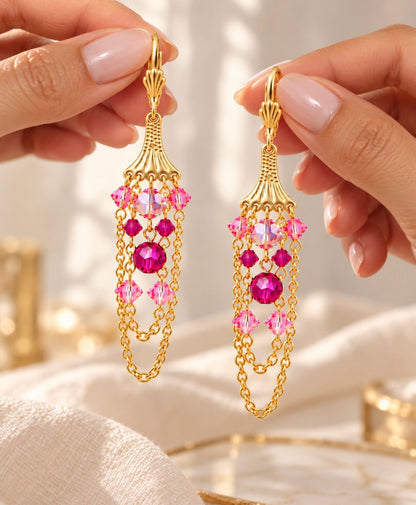 Prague Earrings – Pink Crystal Gold Chandelier Dangle Earrings