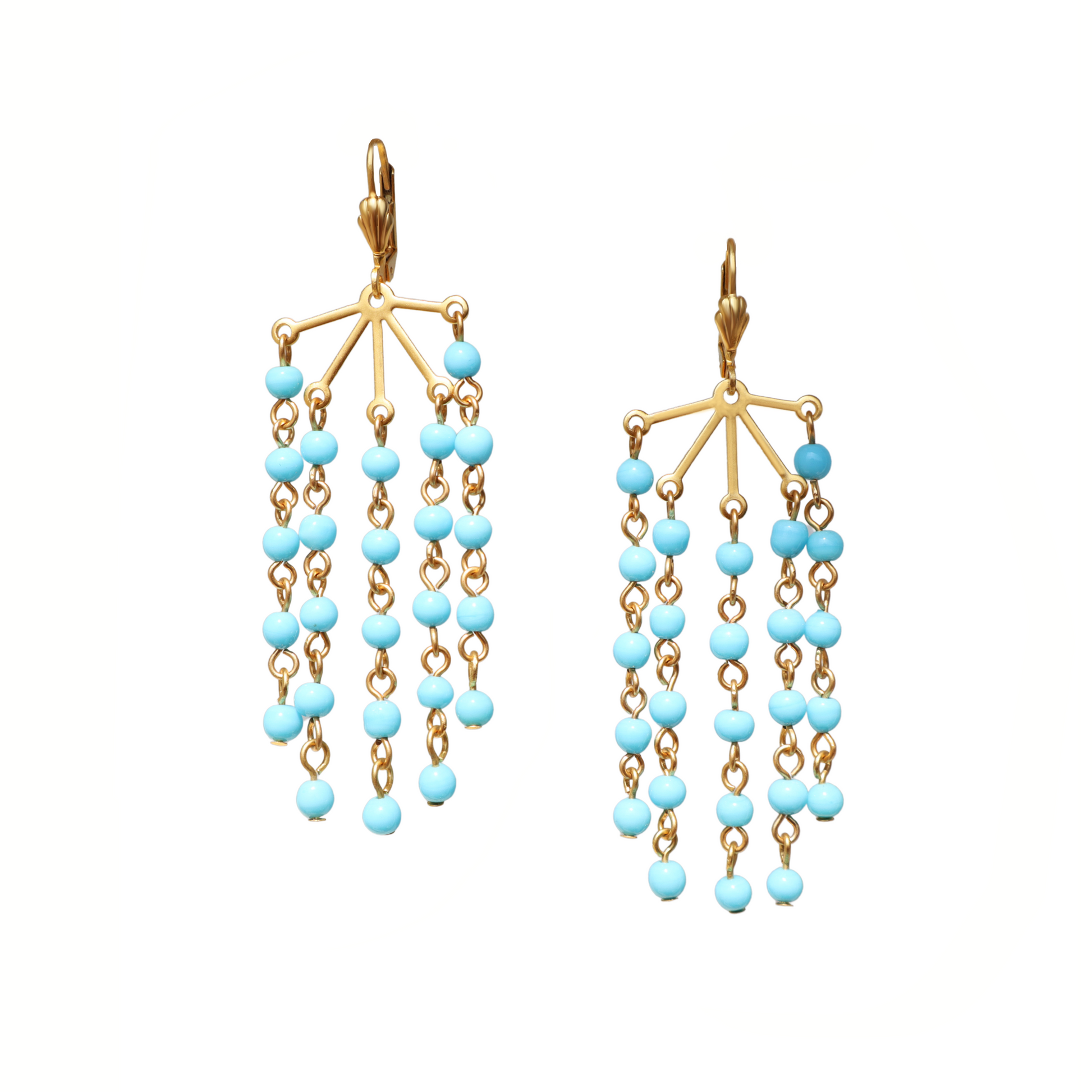 Pair of gold and turquoise beaded earrings on a white background