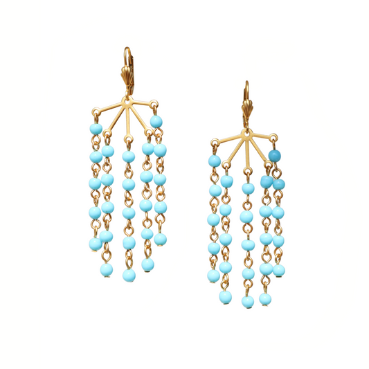 Pair of gold and turquoise beaded earrings on a white background