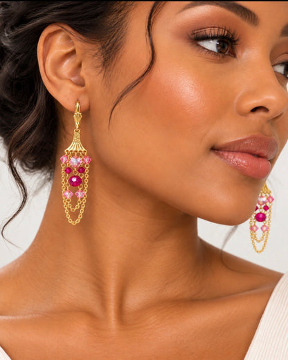 Prague Earrings – Pink Crystal Gold Chandelier Dangle Earrings
