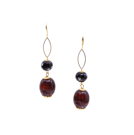 Pair of earrings with dark and amber beads on a white background