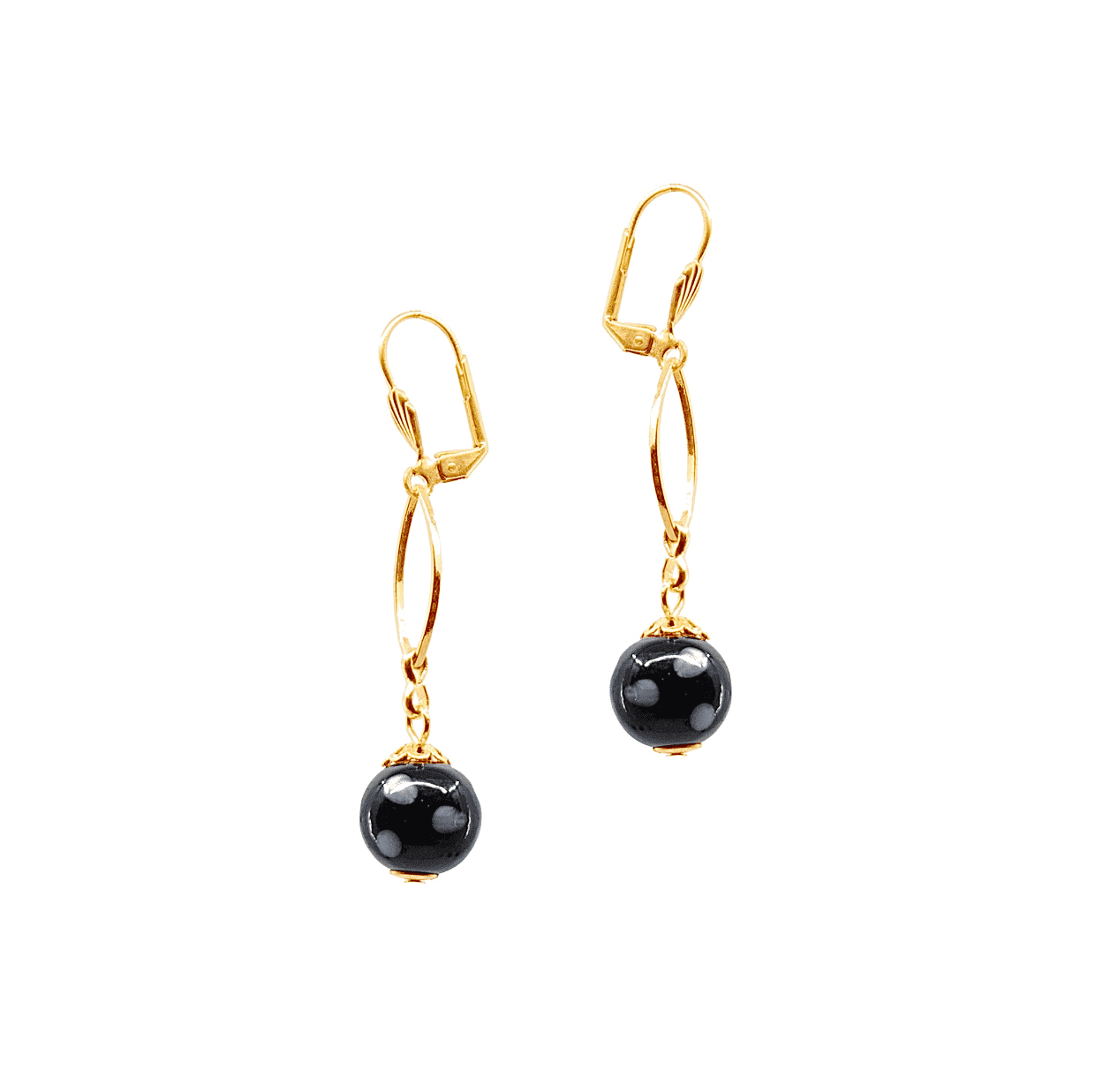 Classicos gold-plated earrings with black Conta Di Ojo evil eye beads, handmade in New York by Alzerina