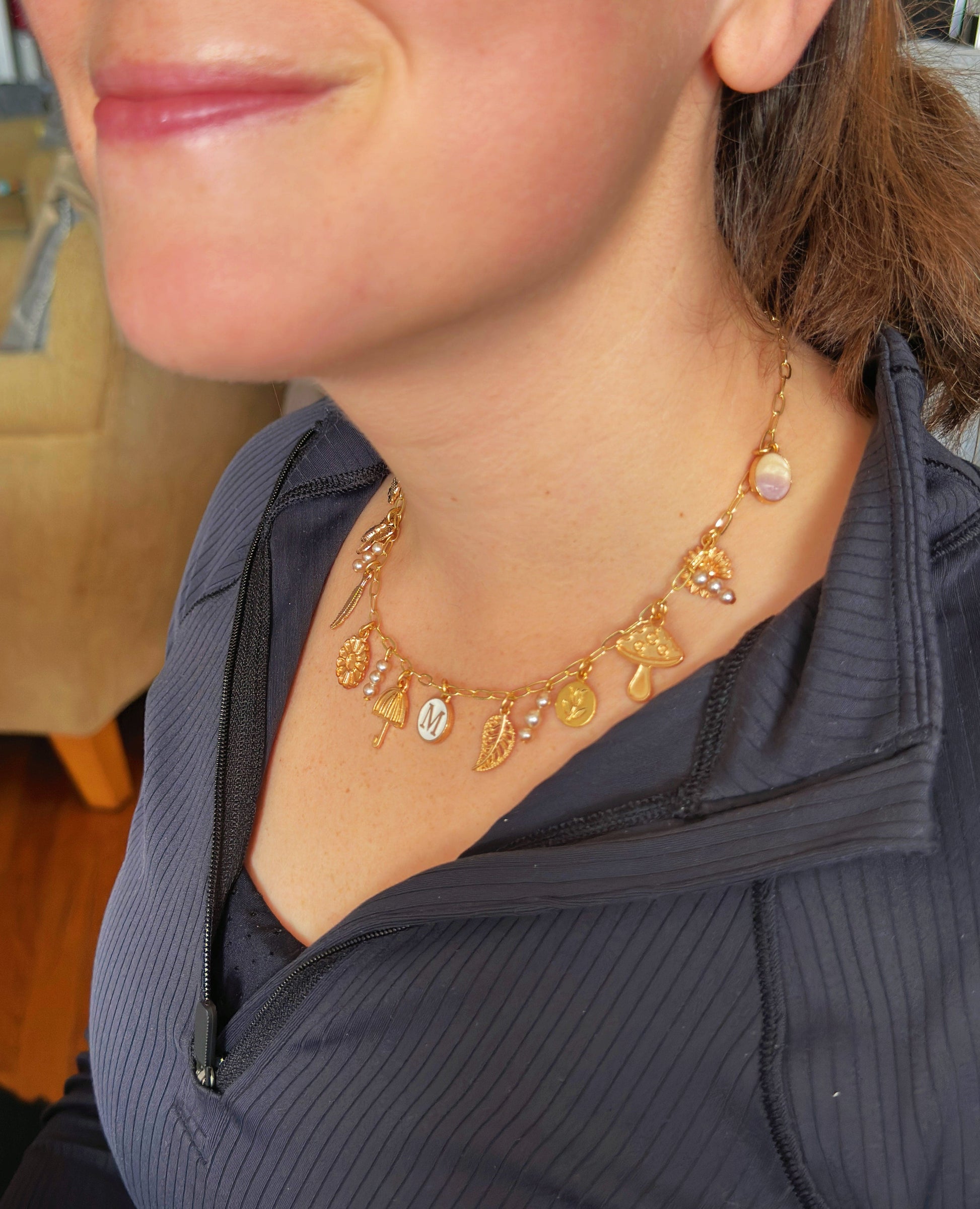 Close-up of gold and pearl necklace made in class
