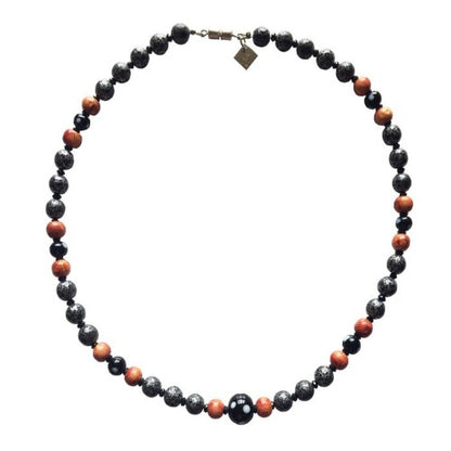 Men’s necklace with gunmetal and orange wood beads, featuring central Conta Di Ojo evil eye bead, handmade by Alzerina in New York