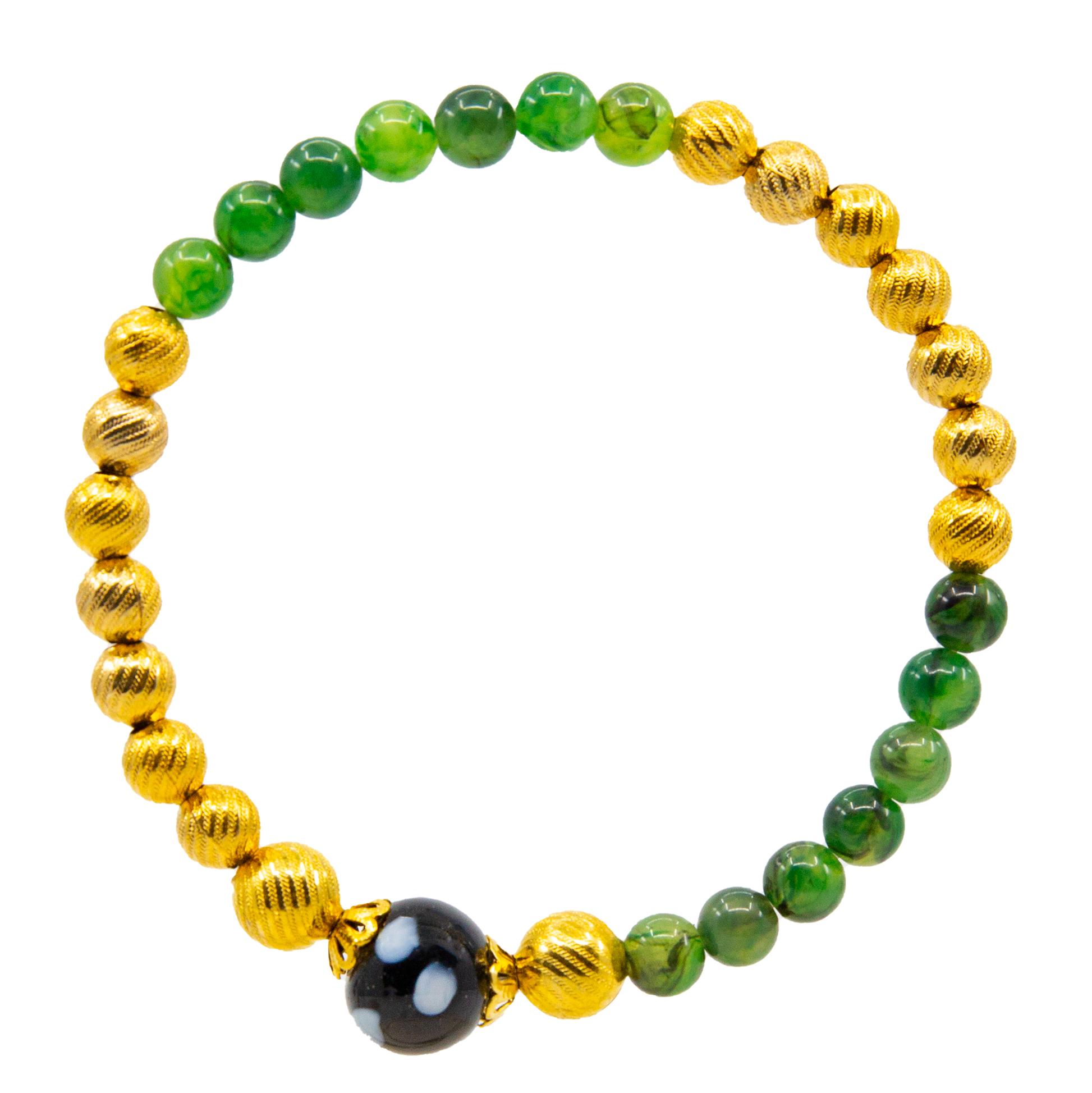 Chao Bracelet featuring green vintage beads, gold round beads, and a black Conta Di Ojo evil eye bead, handmade by Alzerina

