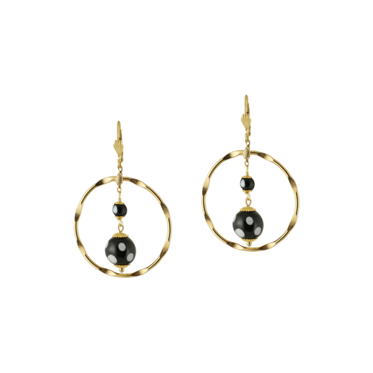 Gold hoop earrings with Conta Di Ojo evil eye beads, handmade by Alzerina in New York