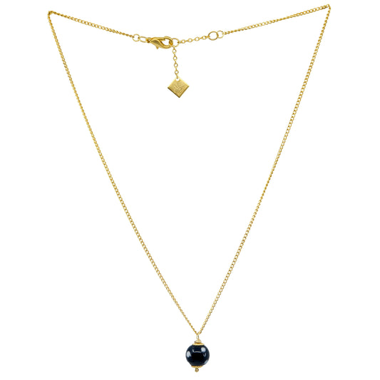 Gold pendant necklace with black Conta Di Ojo bead on a fine chain – front view