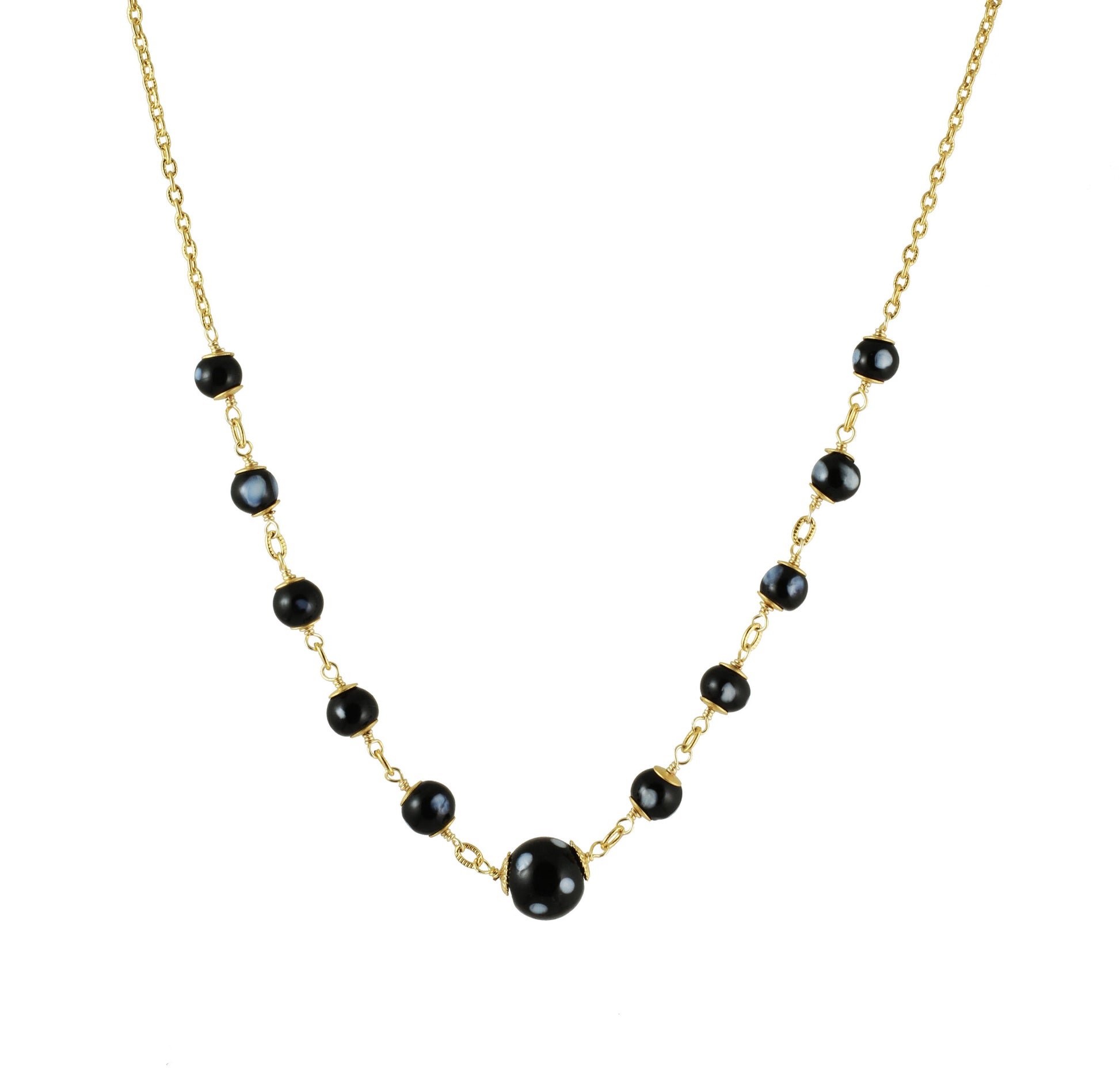 Maezinha gold-plated necklace with Conta Di Ojo evil eye beads, front view on grey background