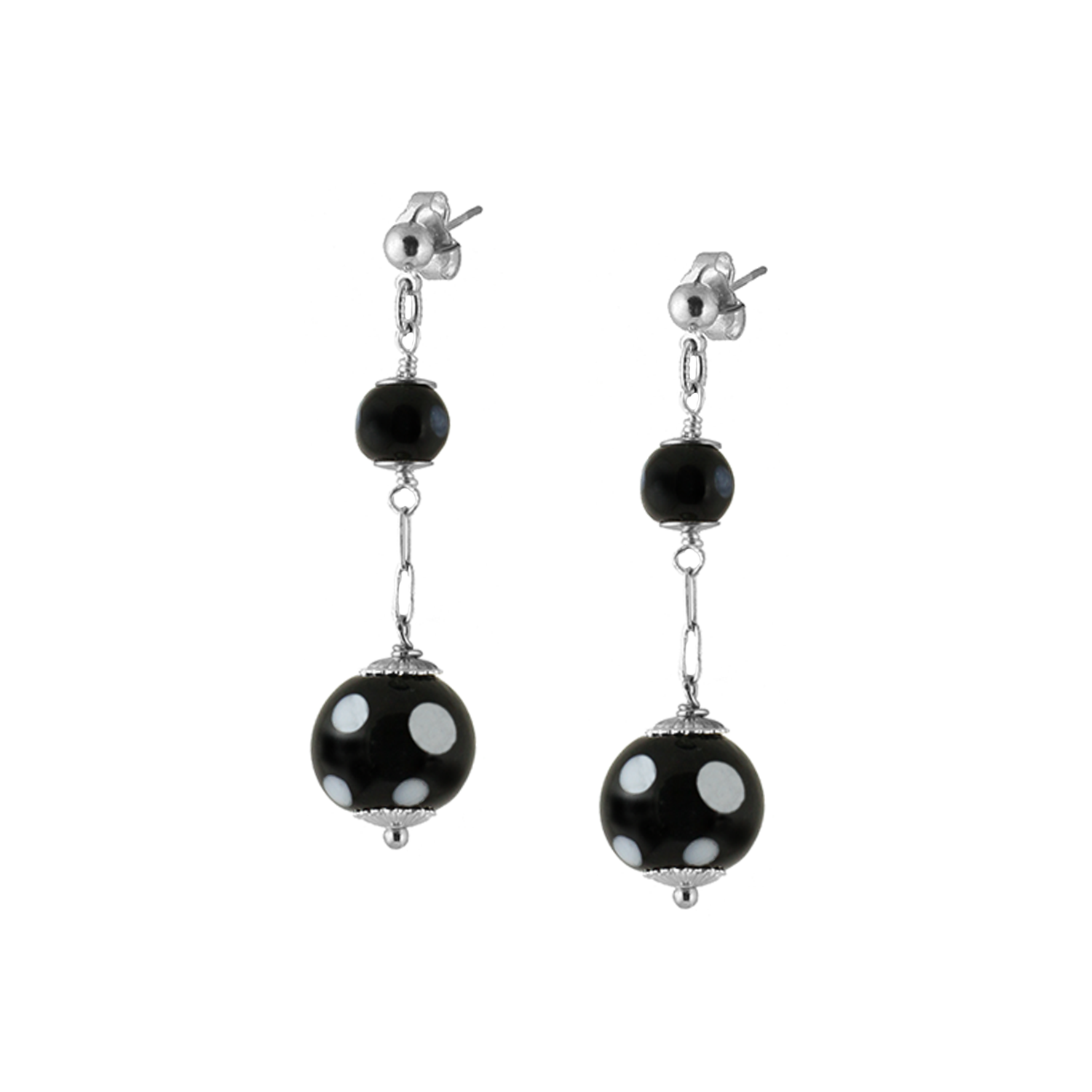 Silver chain drop earrings featuring black Conta D'oju beads for evil eye protection, designed by Alzerina Jewelry.