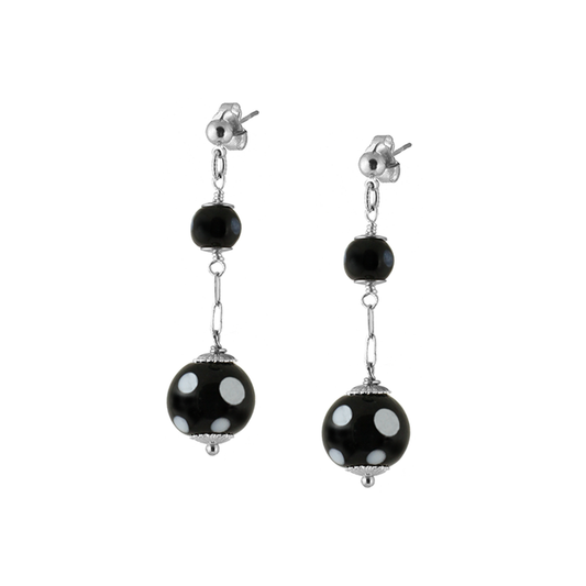 Silver chain drop earrings featuring black Conta D'oju beads for evil eye protection, designed by Alzerina Jewelry.